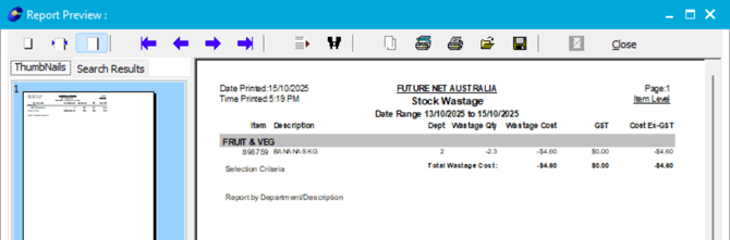 Stock Wastage Print Preview